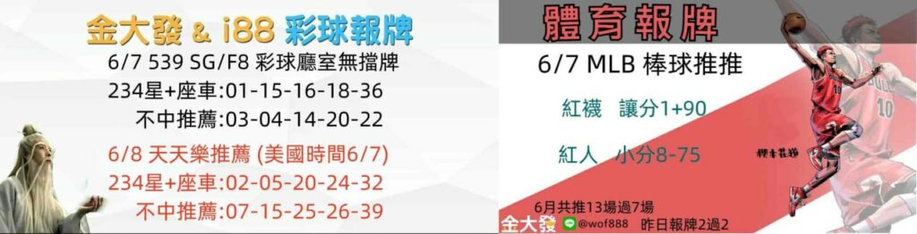 539報5碼、運彩分析-2024年6月勝率表-金大發娛樂城 34 彩球報牌&運彩報牌