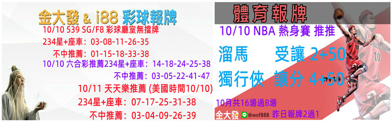539免費報牌、運彩分析-2024年10月勝率表-金大發娛樂城 29 彩球報牌&運彩報牌